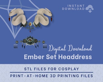 May include: Digital download of a 3D printable Ember Set Headdress for cosplay. The STL files are for print-at-home 3D printing. The headdress is made of white, grey, and brown plastic.
