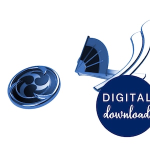 Puede incluir: Un diseño 3D azul y plateado de un abanico y un círculo con un patrón de espiral estilizado. El texto "DIGITAL download" está en un círculo azul.