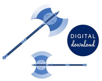 Puede incluir: Dos hachas azules de doble cabeza con un diseño plateado. Las hachas se muestran desde dos ángulos diferentes. El texto "DIGITAL download" está en un círculo blanco sobre un fondo azul.