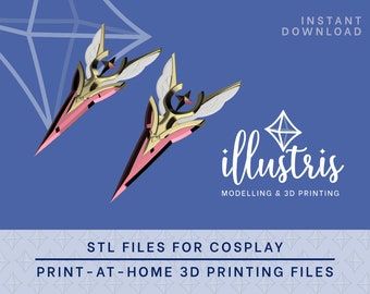 May include: Two 3D printed cosplay props, resembling a stylized sword with wings, in pink and gold. The props are designed for 3D printing and are available for instant download.