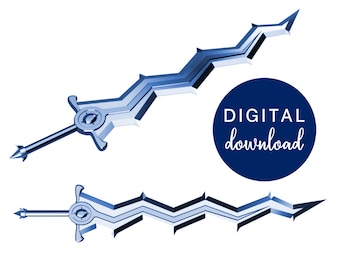 May include: Two blue, metallic swords with a zig-zag design. The swords have a circular design in the middle of the blade. The text "DIGITAL download" is in a circle in the background.
