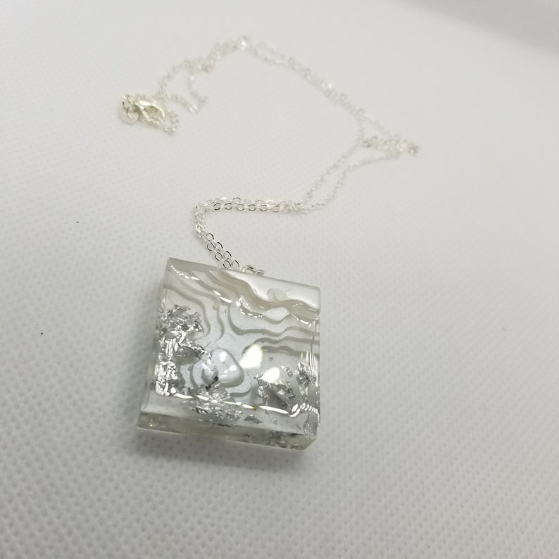 White Square Arctic Resin Island Pendant w Silver Foil