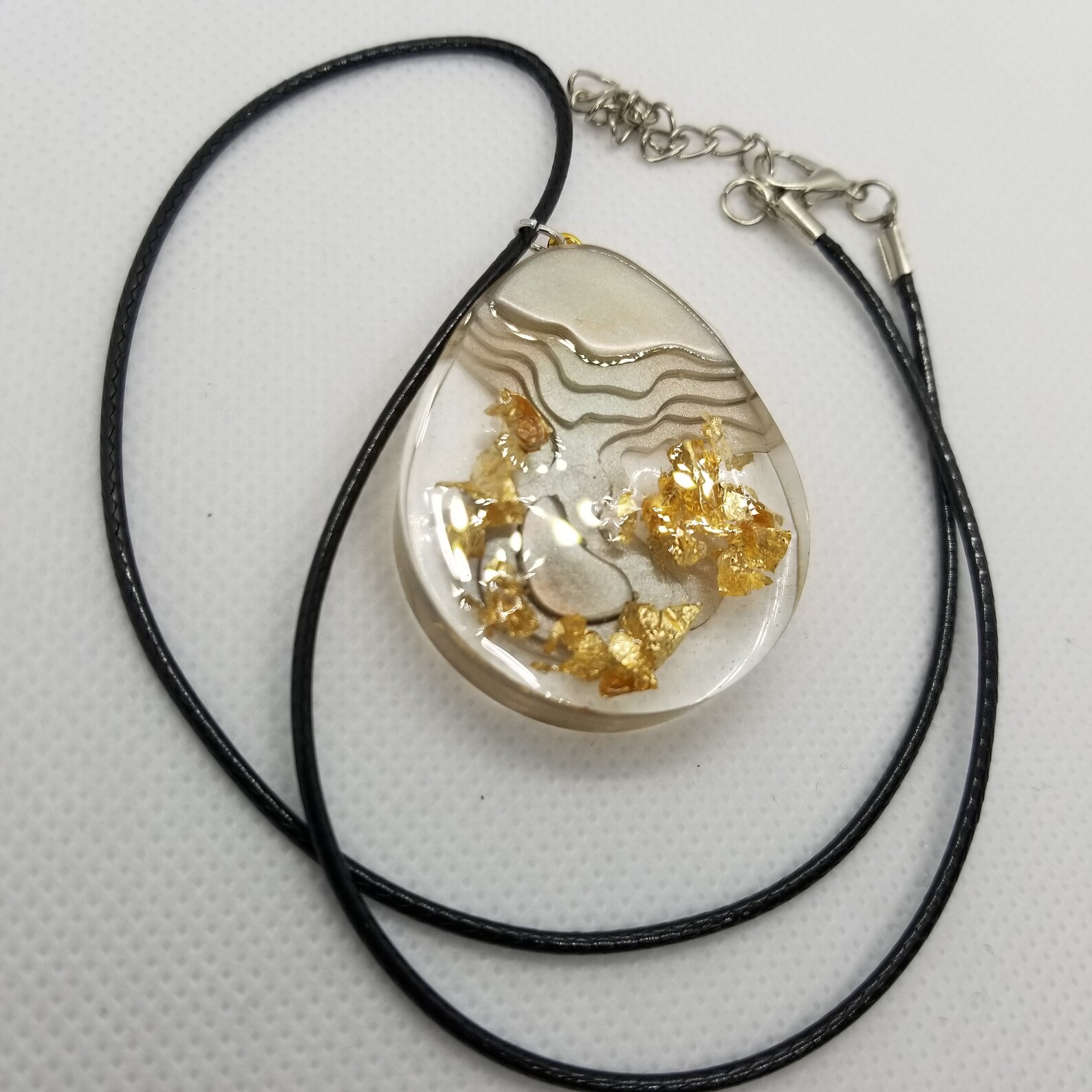 Pewter Teardrop Island Pendant Resin Necklace W/ Gold Foil Etsy