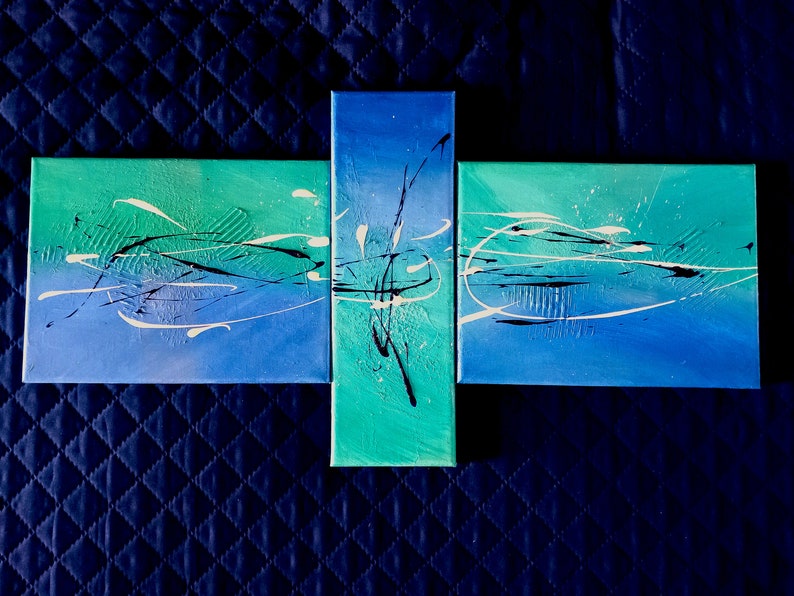 Peinture abstraite moderne triptyque couleur bleu/ turquoise/ blanc/ noir, moyen format image 1