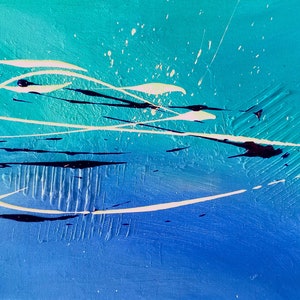 Peinture abstraite moderne triptyque couleur bleu/ turquoise/ blanc/ noir, moyen format image 2