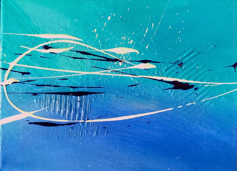 Peinture abstraite moderne triptyque couleur bleu/ turquoise/ blanc/ noir, moyen format image 2