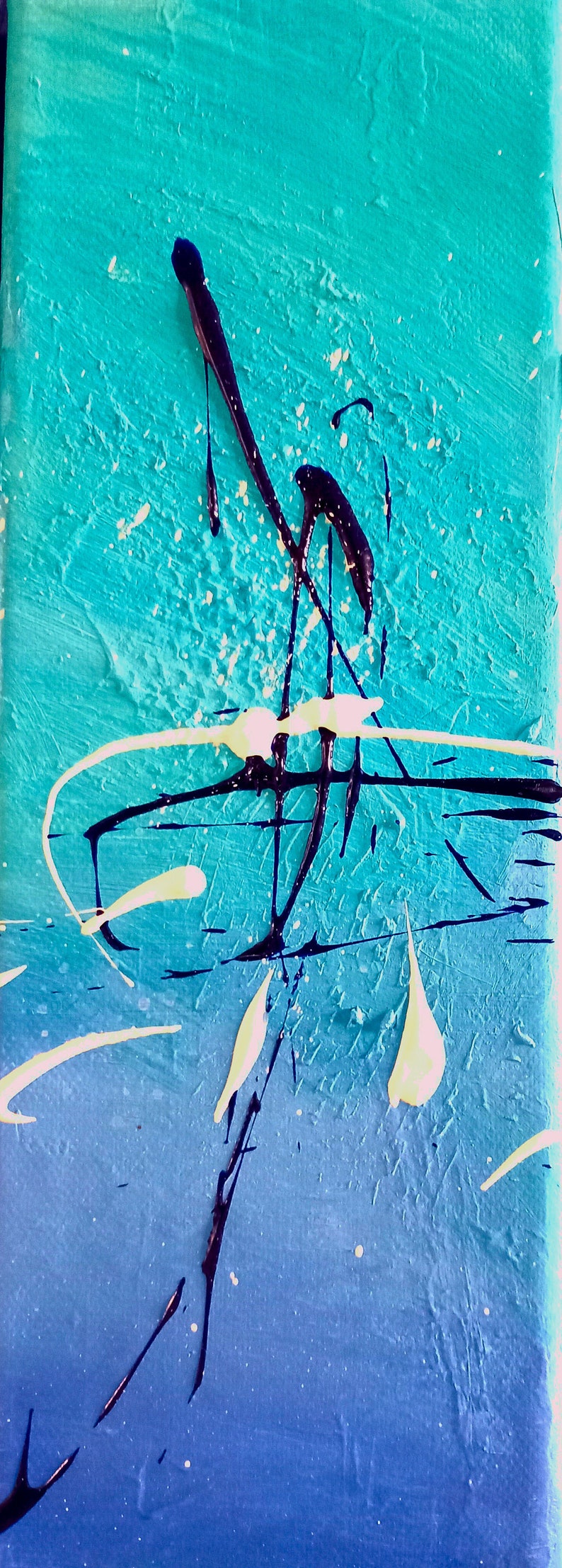 Peinture abstraite moderne triptyque couleur bleu/ turquoise/ blanc/ noir, moyen format image 3