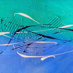 Peinture abstraite moderne triptyque couleur bleu/ turquoise/ blanc/ noir, moyen format image 4