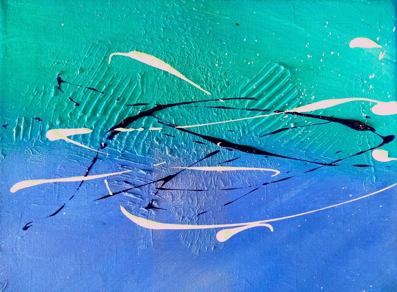 Peinture abstraite moderne triptyque couleur bleu/ turquoise/ blanc/ noir, moyen format image 4