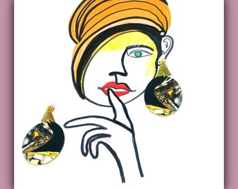 Boucles d'oreilles près d'oreilles NOIR et OR graphiques élégantes forme OVALE, bijou boucles d'oreilles artistiques noir et or,cadeau femme