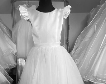 Seide Mikado & Tüll Kommunion oder Blumenmädchen Kleid - Erhältlich in Weiß oder Elfenbein - 6-8 Wochen Lieferzeit