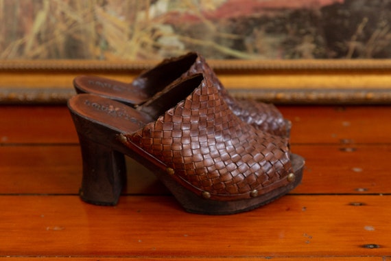 Leather Woven Brown Clogs Vintage 70's