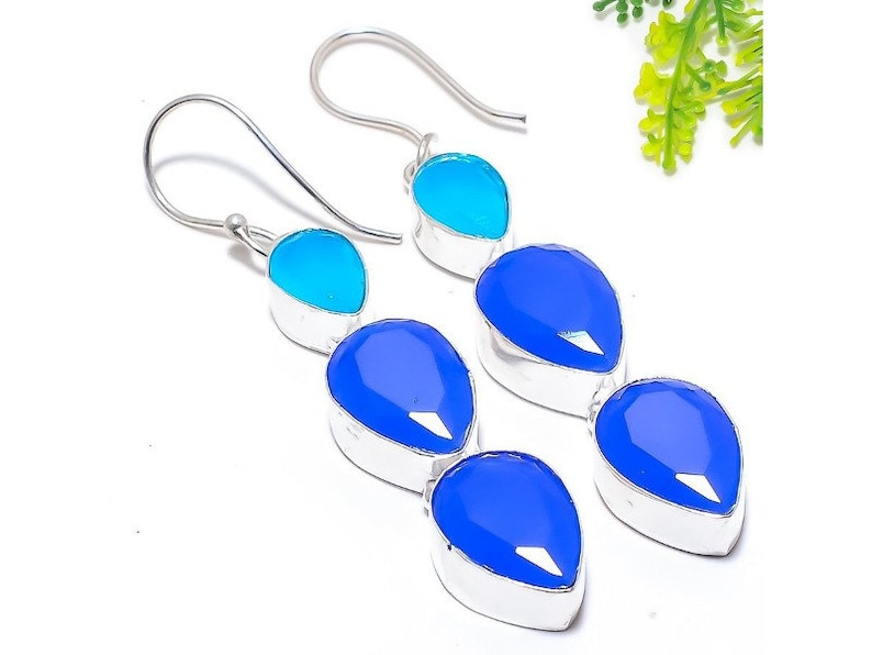 Sterling Silver Blue Onyx Gemstone Ethnic Jewelry Earring Anniversary Valentines Birthday Surprise Gift for Her for Mom Earring Jewel 2.3