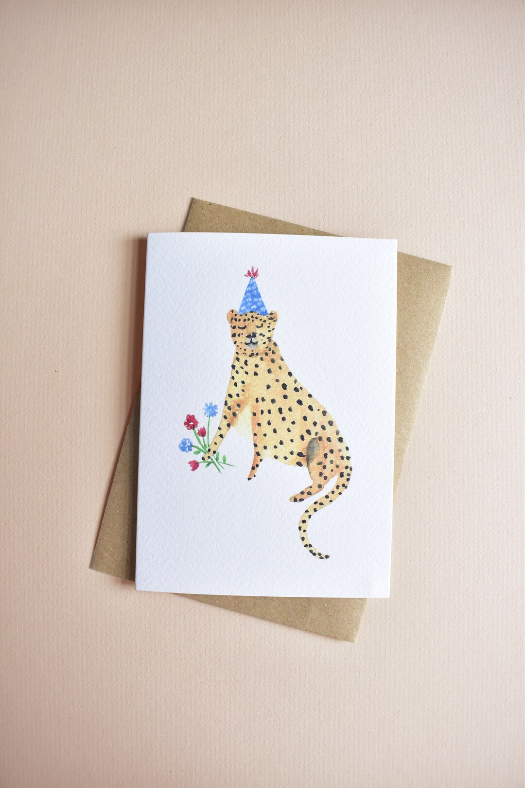 Cheetah Birthday Card: Gouache Illustration, Kraft Envelope - Etsy