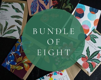 Set med blommiga födelsedagskort: Tom inuti, botaniska mönster (set om 8)