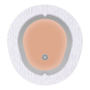 Può includere: Un cerotto adesivo rotondo bianco con un sensore ovale grigio al centro. Il sensore ha un piccolo foro rotondo grigio scuro al centro.