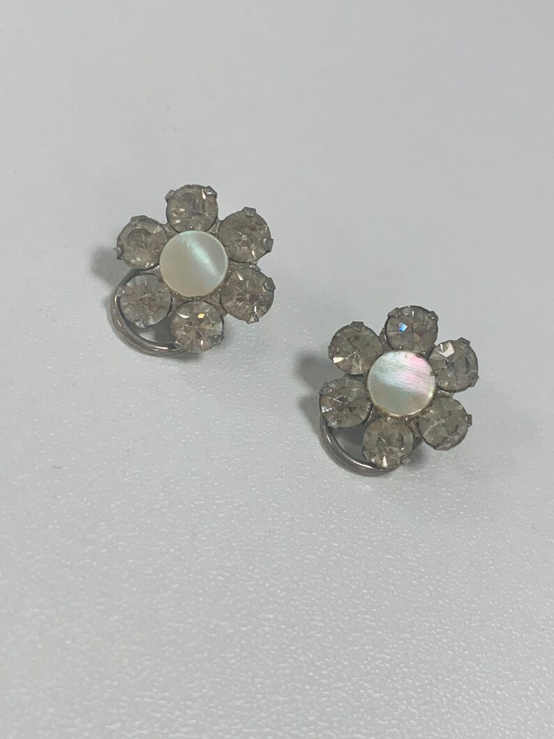 Vintage Mother of Pearl Earring Mop Clips Dimante Paste Stone Vintage