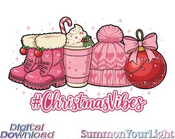 Pink Christmas Vibes SVG PNG, Girly Winter Clipart, Retro Holiday Fashion, Boots Beanie Cocoa Design, Preppy Christmas Sublimation