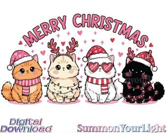 Merry Christmas Cats SVG PNG, Cute Kitten Holiday Clipart, Funny Santa Hat Animal, Pink Christmas Design, Reindeer Antler Cat