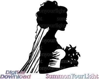 Bride Silhouette SVG PNG, Elegant Wedding Clipart, Bridal Profile Vector, DIY Wedding Invitation, Cricut Cut File, Bouquet, Commercial Use