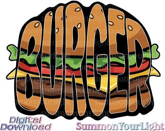 Burger Word Shape SVG PNG, Hamburger Typography Clipart, Funny BBQ Grill Master Design, Fast Food Lover Gift, Cheeseburger Graphic