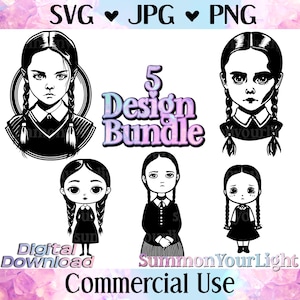 Puede incluir: Un paquete de diseño digital con cinco ilustraciones en blanco y negro de un personaje con trenzas. El texto incluye "SVG, JPG, PNG", "5 Design Bundle", "Digital Download", "Commercial Use", y "Summon Your Light".