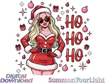 Ho Ho Ho Santa Girl SVG PNG, Retro Mrs Claus Clipart, Sassy Christmas Woman, Pink Holiday Fashion Design, Pop Art Sublimation