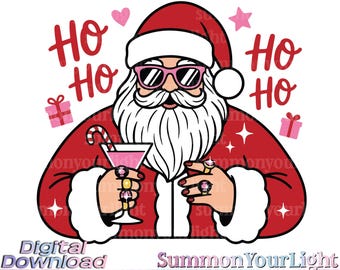 Cool Santa SVG PNG, Funny Christmas Clipart, Santa Drinking Cocktail, Pink Sunglasses Design, Ho Ho Ho Holiday Art, Boujee Santa