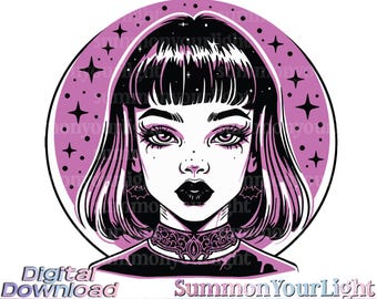 Pastel Goth Girl SVG PNG, Alt Aesthetic Portrait, E-Girl Clipart, Witchy Woman Face, Tattoo Style Design, Halloween Cut File