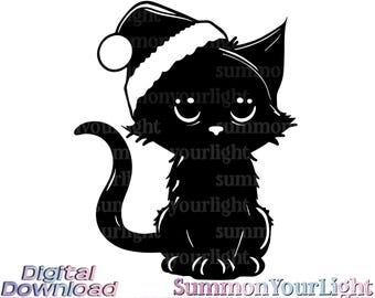 Black Cat Santa Hat SVG PNG, Cute Christmas Kitten Silhouette, Holiday Pet Clipart, Funny Cat Lover Gift, Winter Animal Cut File