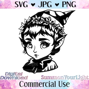 May include: Black and white digital download of a cartoon elf with a pointed hat and a floral crown. The image includes the text "SVG, JPG, PNG", "Digital Download", "SummonYourLight", and "Commercial Use".
