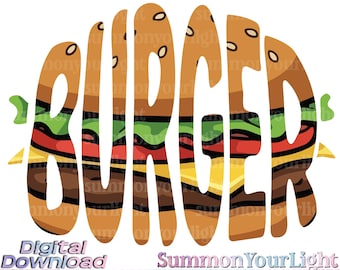Burger Word Shape SVG PNG, Hamburger Typography Clipart, Clean Fast Food Design, BBQ Grill Master Gift, Summer Cookout Graphic