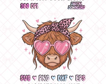 Highland Cow SVG, Cute Heifer with Heart Sunglasses PNG, Pink Leopard Bandana Clipart  DXF, Retro Valentine Western Graphic