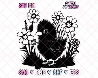 Cute Baby Chick with Flowers SVG, Spring Farm Animal Clipart PNG, Floral Chicken Digital Download DXF, Easter Nursery Graphic
