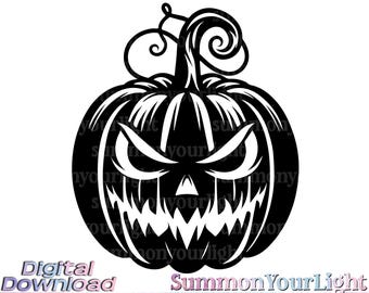 Scary Jack O Lantern SVG PNG, Evil Pumpkin Clipart, Spooky Face Silhouette, Horror Halloween Design, Twisted Stem Carving Stencil