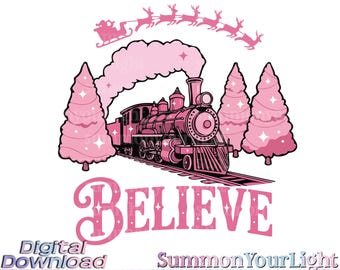 Pink Christmas Believe Train SVG PNG, Girly Holiday Clipart, Retro Santa Sleigh, Preppy Winter Design, Magical Express Sublimation