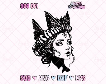 Gothic queen portrait SVG, dark fantasy crown graphic, evil fairy princess shirt design, mystic goddess digital download, PNG, DXF