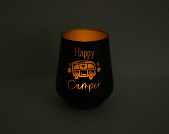 2.Wahl Windlicht od. Trinkglas | Glas | mattschwarz | Happy Camper | Weihnachten | Geschenk