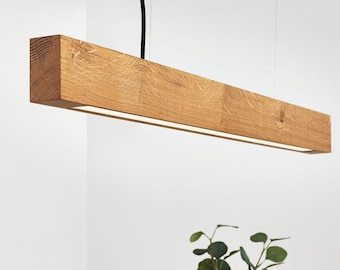 Lampada a sospensione a LED fatta a mano in quercia Ventus RE 95-200 cm (37,4-78,7 pollici) con oscuramento wireless, lampada da pranzo, lampada in legno, lampadario a fascio minimalista