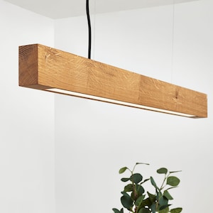 Handmade Oak LED Pendant Lamp: Minimalist Beam Chandelier with Wireless Dimming