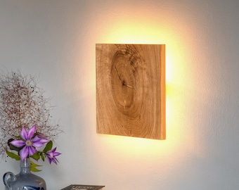 Handgefertigte Holz Wandleuchte - 22/28cm - Luna Q - , Dekorative Beleuchtung, Rustikale Holzlampe, Wandlampe aus Holz, Nachttischlampe