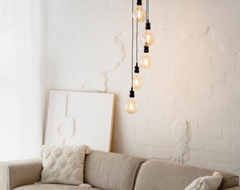 Handcrafted Oak Cluster Pendant Lamp: Modern Industrial Edison Chandelier