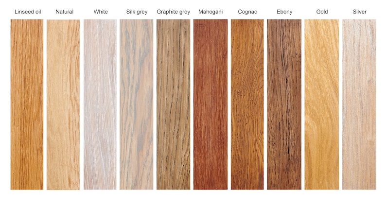 May include: Ten wood samples stained in different colors, including linseed oil, natural, white, silk grey, graphite grey, mahogany, cognac, ebony, gold, and silver.