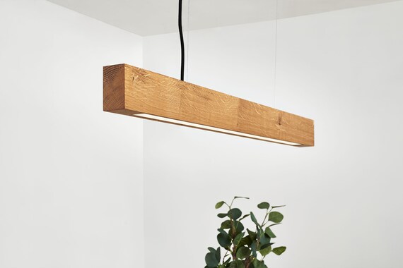 Handmade Oak LED Pendant Lamp: Minimalist Beam Chandelier with Wireless Dimming