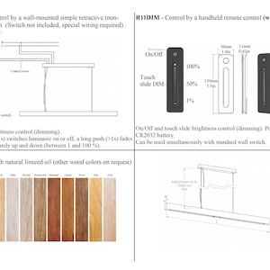 May include: Two different types of lighting fixtures with dimming capabilities. The first fixture is controlled by a wall-mounted switch and the second fixture is controlled by a handheld remote. Both fixtures are shown with their dimensions.