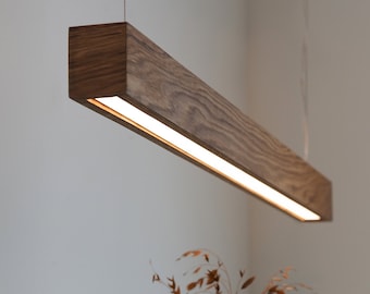 Handmade pendant LED lamp of oak Dualis L90-195cm(35.4-76.8in) with wireless dimming, Dining lamp, Wooden lamp, Minimalist beam chandelier