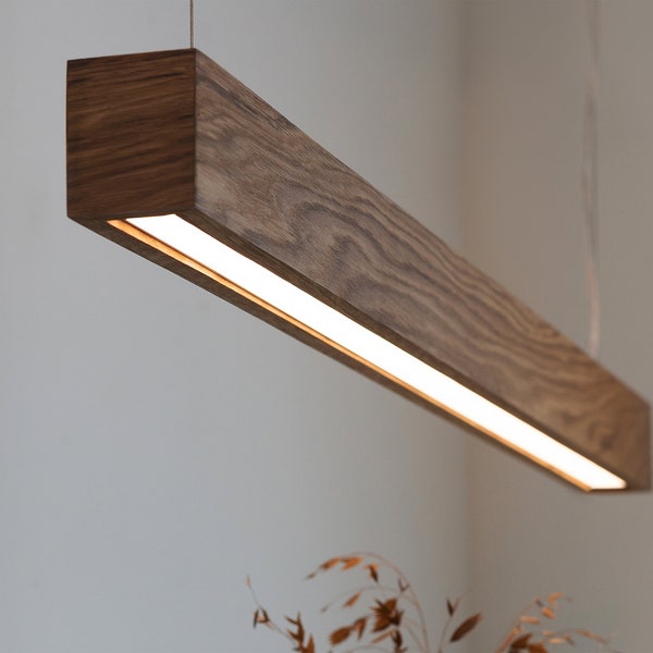 Handmade pendant LED lamp of oak Dualis L90-195cm(35.4-76.8in) with wireless dimming, Dining lamp, Wooden lamp, Minimalist beam chandelier