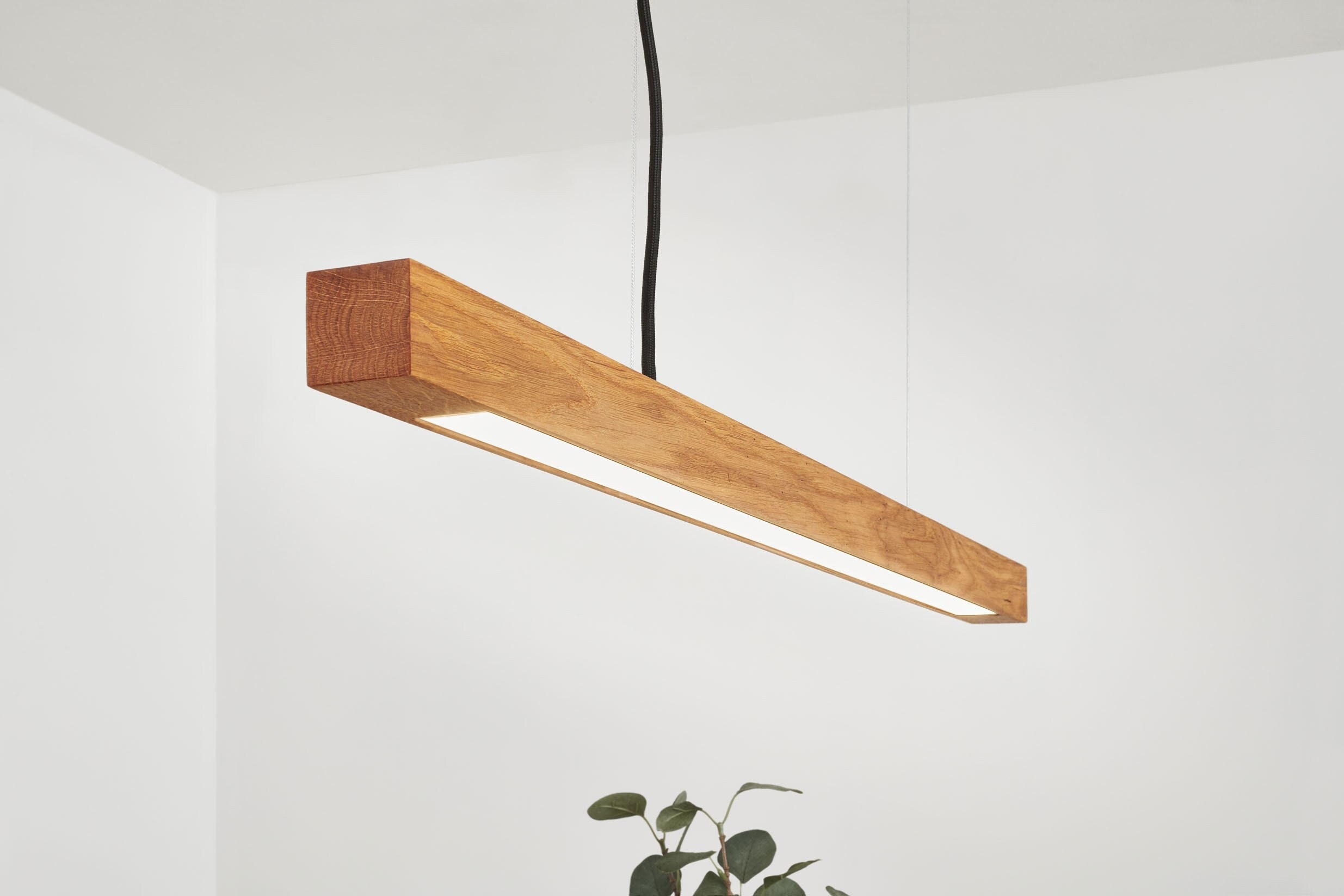 Handmade Oak LED Pendant Lamp: Minimalist Beam Chandelier, Wireless Control