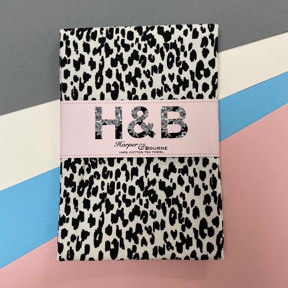 Stone Black Mono Tea Towel Leopard Animal Print Tea Towel Cotton