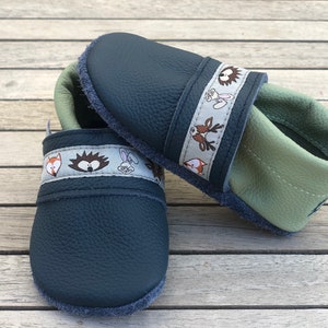 Leather slippers, crawling shoes plain navy/mint + woven ribbon (other variants also possible)